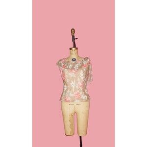 1990s-Y2K ROBBIE BEE Tissue SILK Chiffon Rose Print Beaded Blouse W/Tie. S-M